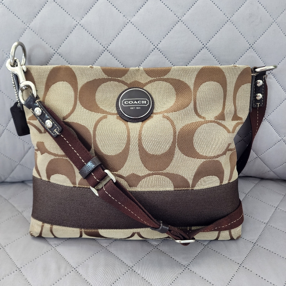 Coach Signature Stripe Crossbody Bag With Signature Monogram Brown And Beige